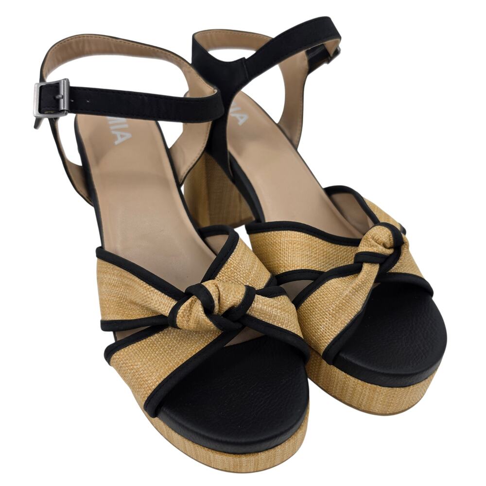 NWOT MIA Tan & Black Woven Roxie Platform Block Heel Ankle Strap Sandals Size 10